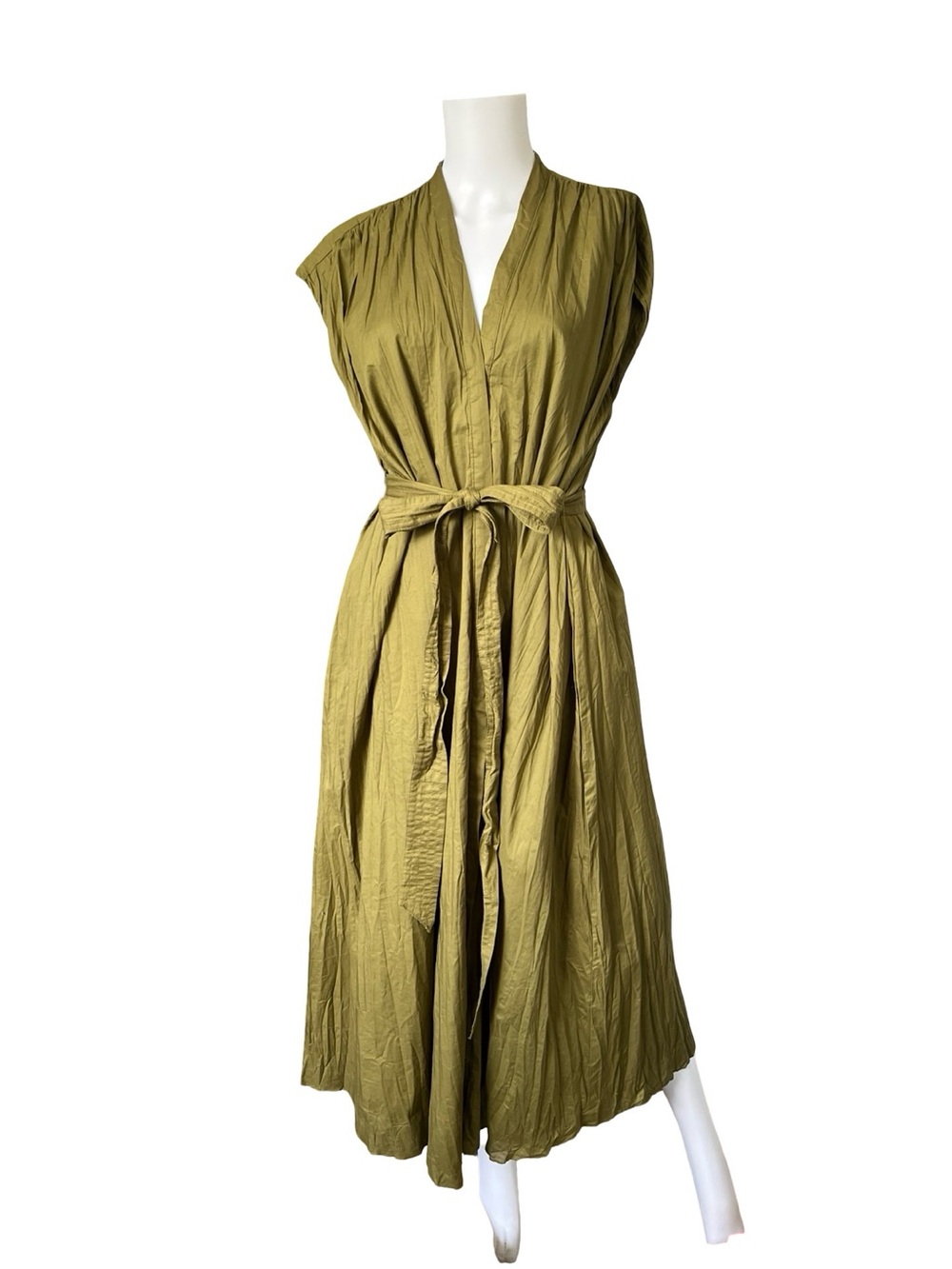 Zara Olive Green Crinkle Maxi Dress Button Front Cotton Chic Womens Size Medium